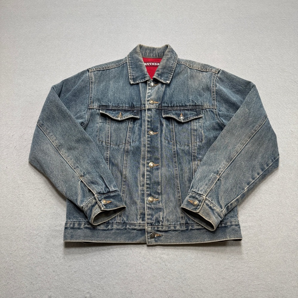 Vintage Nevada Trucker Jacket Men's Large Blue Denim Fleece‎ Lined Button Down